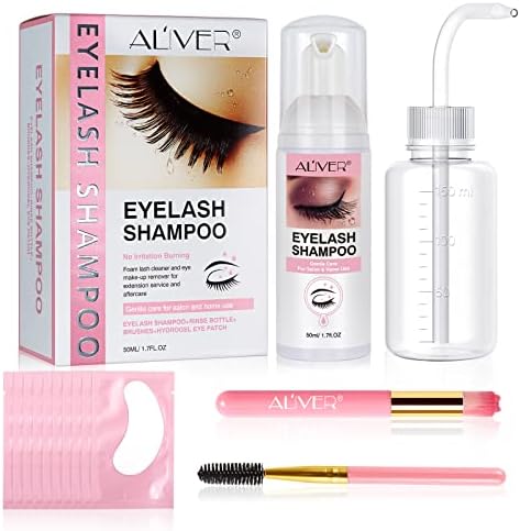 RTEWXLP Eyelash Extension Shampoo 50 ml+Rinse Bottle+Brushes+Hydrogel Eye Patch - Eyelid Foaming Cleanser,Paraben & Sulfate Free,Natural Lashes Makeup & Mascara Remover For Salon and Home Use