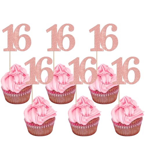 Rsstarxi 36 Pack Number 16 Cupcake Toppers Glitter Cheers to 16 Years Birthday Cupcake Picks Decoration for Happy 16th Birthday Wedding Anniversary Party Cake Decorations Rose Gold