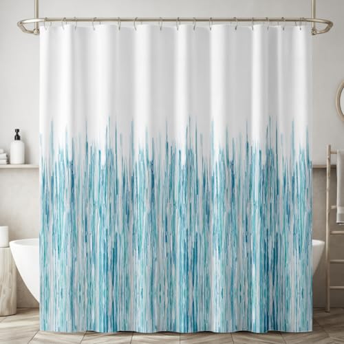 Image of Sassoon Mountain Blue Polyester Washable 1 Piece Printed Bathroom Shower Curtain with Hooks - 6.5ft