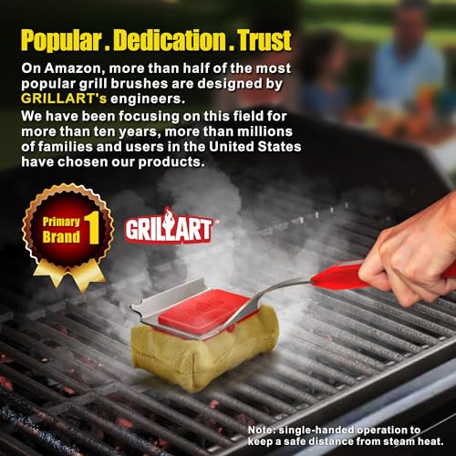 GRILLART Grill Brush Bristle Free. SteamWizards BBQ Replaceable Cleaning Head, Unique Seamless-Fit Scraper Tool for Cast Iron/Stainless-Steel Grates, Safe Barbecue Grill Cleaner-Red