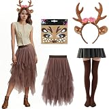 GOUYENG Disfraz Reno Mujer,4 Piezas Traje Disfraz Navidad de Ciervo Falda de Tul,Falda Tul Ciervo,Animal Cosplay Fiesta,Ciervos Traje Tocado Diadema,para Disfraces Cosplay de Animal