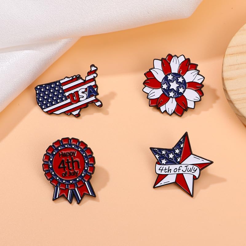 Image of 1-4Pcs Independence Day Badge Pins Brooch for Men Women 4th of July White Blue Red USA American Flag Lapel Pins American Star Pins Patriotic Brooch Jewelry