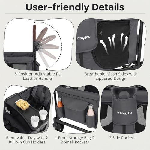 BABY JOY Wagon Stroller for 4 Kids, Foldable Stroller Wagon with Removable Canopy, Adjustable Handle, Snack Tray, Parent Organizer, 5-Point Safety Harness, Convertible Diaper Bag/Changing Pad (Gray) - 2