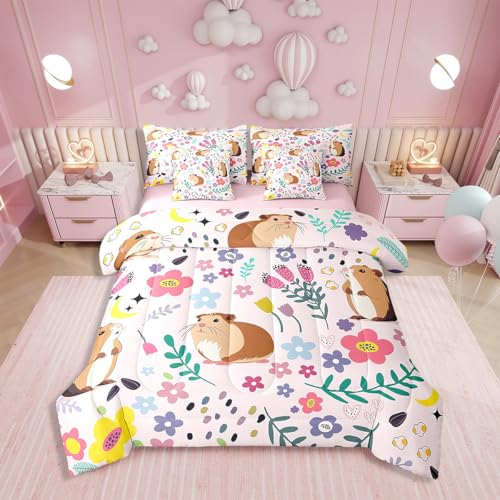 Erosebridal 7 Pieces Bed in a Bag Twin Comforter Set with Sheets,Floral Guinea Pig Design Bedding Sets for All Season (1 Comforter, 2 Cushion Covers, 1 Flat Sheet, 1 Fitted Sheet, 2 Pillowcases)