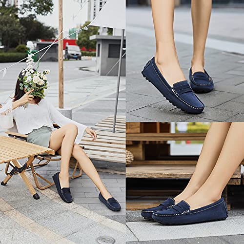 Osslue Women's Blue Suede Leather Casual Penny Loafers Retro Ladies Moccasins Driving Mocs Comfort Slip-On Fashion Boat Shoes Classic Flats 7 M Us Xym-1208-Lan070 #TOP6