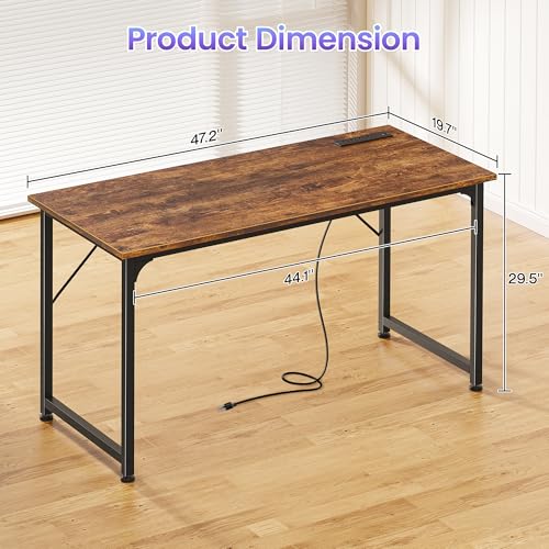 PRAISUN 47 X 20 Inch Office Computer Desk with Power Outlets and USB-C Port, Larger Gaming Desk, for Home Office, Study, Bedroom, Writing Work from Home Table, Metal Frame, Rustic Brown - Image 3
