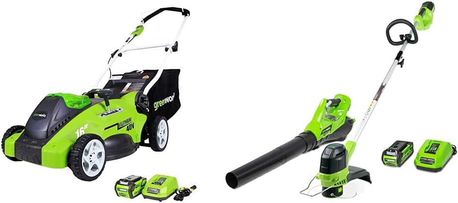 Greenworks 40v 16 inch Cordless Mower, String Trimmer and Blower Combo Kit, 2 Batteries and Charger Included