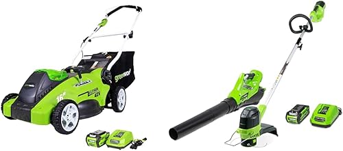 Greenworks Cortacésped inalámbrico de 40 V y 16 pulgadas, kit combinado de recortadora y soplador, 2 baterías y cargador incluidos