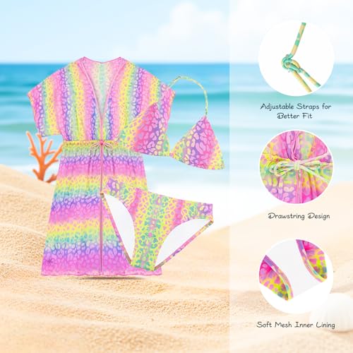 POWER FLOWER Mädchen 3-teiliges Badeanzug-Set, Bikini-Set mit Coverup zum Schwimmen, Zweiteiliger Badeanzug mit Coverup für Mädchen von 4 bis 16 Jahren (6-8 Years, LA725-Purple)