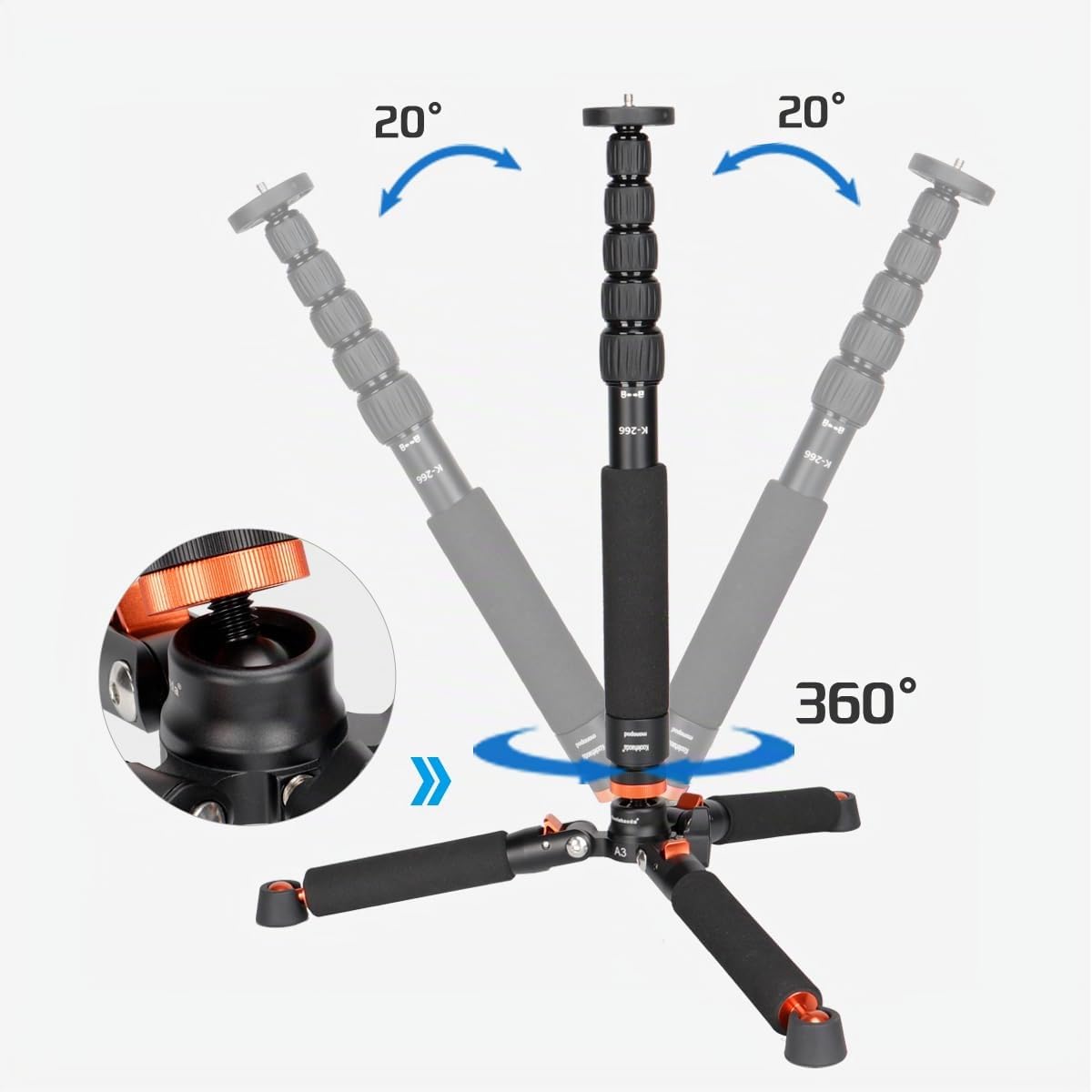 Koolehaoda Monopie de Aluminio para cámara con Base de trípode metálica. 6 Secciones, Ajustable de 42 a 177 cm. Diámetro de Las Patas: 28 mm. Soporta hasta 10 kg. - Negro.