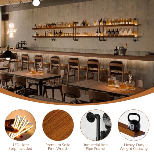 Image of Bar Shelves, Wall Mounted Wine Rack, Walnut Brown, 36 Inch | 2 Tier, Industrial, Solid pine shelves, black pipe brackets, 40 lbs per shelf, wine, liquor, bar decor, with LED light