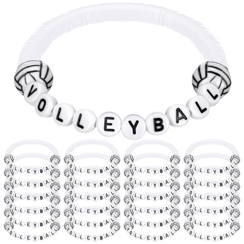 Trnay 24 Pcs Volleyball Clay Beaded Bracelets Stretchy Gifts, White