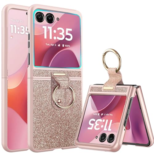 AFENGBOX Case for Motorola Razr 2025 with Ring,Razr 2025 Phone Case with Built-in Screen Protector,Slim Thin Shockproof Protective Bumper Cover for Moto Razr 2025,Glitter Rose Gold