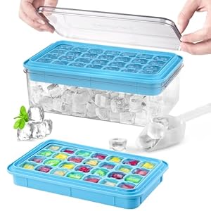 Ice Cube Tray with Lid and Bin, 56 Pcs Ice Cube Trays for Freezer, Ice Cube Mold, Ice Molds Spill-Resistant Removable Lid & Ice Scoop, Ice Mold for Whiskey Cocktail, Tea, Coffee -Blue