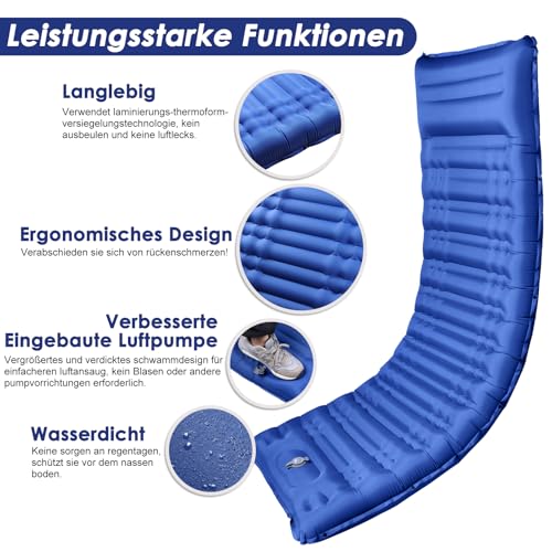 Arlierss Isomatte, 12CM Dicke Luftmatratze Camping mit Fußpresse Pumpe und Kissen, Anti-Ripstop Tragbar Schlafmatte Outdoor für Wandern, Reise, Strand-Blau
