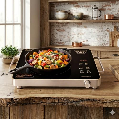 Image of Urban Chef Infrared Cooktop, 2000W Portable Electric Stove, Touch Panel, Fast Heating, Silver and Black, for Home and Travel
