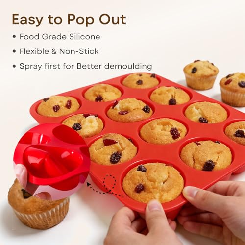Ruinovate Silicone Muffin Pans for Baking Nonstick 2 Pcs, 12 Cup Regular Cupcake Pan, Food-Grade Silicone Baking Molds for Cupcakes, Egg Bites, Freezer, Red #4
