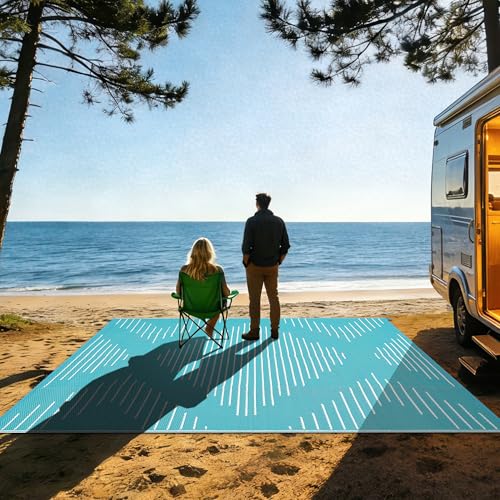 Garvee 6x9 Outdoor Patio Rug Carpet, Waterproof Plastic Straw RV Rug Reversible Lines Outdoor Rugs UV Resistant Outside Picnic Mat for Backyard, Porch, Balcony (Teal White) by Garvee - Used condition - Image 4