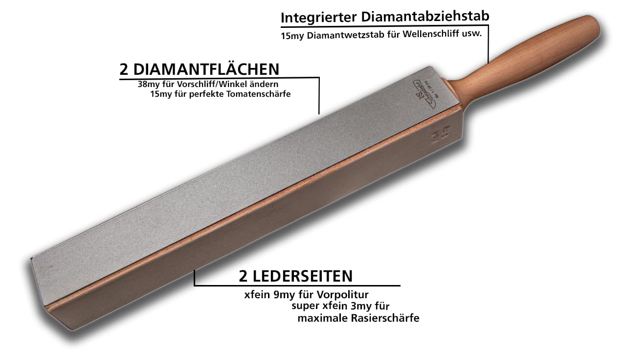 Schmiedeglut Diamantleder Unlimited 5-in-1 Messerschärfer | Diamantplatten (38 µm / 15 µm), Abziehleder mit Diamantpasten (9 µm / 3 µm) und Rundstab für Wellenschliff | Made in Germany | 1002710