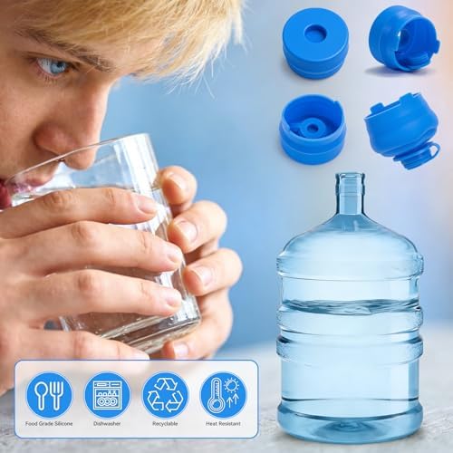 3 & 5 Gallon Water Jug Cap, 4 Pack Reusable Food Grade Silicone Replacement Water Bottle Lid, No Leaking & Popping Open Cup for Standard/Screw/Crown Tops (Blue) - 3