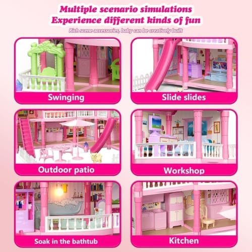 Image of Large Pink Princess Dollhouse for Girls, 3-Storey Doll House Playset with Furniture, Slides, Stairs, Swing, Balcony, Kitchen & Bedroom Accessories, Pretend Play Toy for Kids Ages 3+