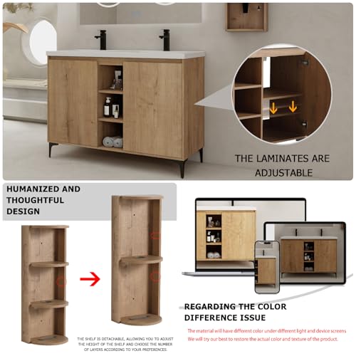Image of Freestanding Bathroom Vanity, 48 inch Bathroom Storage Cabinet with Double Resin Sinks, 2 Soft-Close Doors & 3 Open Storage Shelves, Floor Vanity with Extra Three-Layer Spacious Shelves, Oak