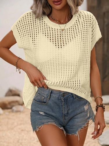 Image of Crochet Tops for Women Spring Summer Shirts Cute Mesh Top Cap Sleeve Cover Up Pullover Sweater Beach Vacation Clothes