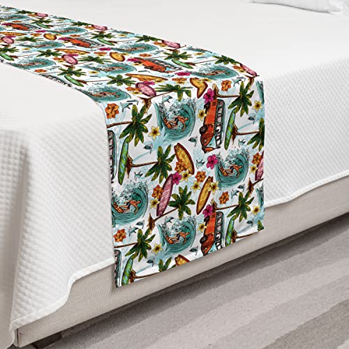 Lunarable Surf Bed Runner, Sixties Style Van Surfboards And Palm Trees Pattern Colorful Tropical Summer Holiday, Decorative Accent Bedding Scarf For Hotels Homes And Guestrooms, Twin, White Green #TOP10