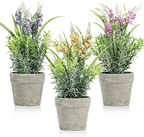 T4U Artificial Lavender Plant in Pot 3 Pack, Artificial Plants Indoor, Small Fake Plants Potted for Home Decor, Faux Lavender Flowers in Grey Pots, Green Bathroom Ornament Desk Decorations