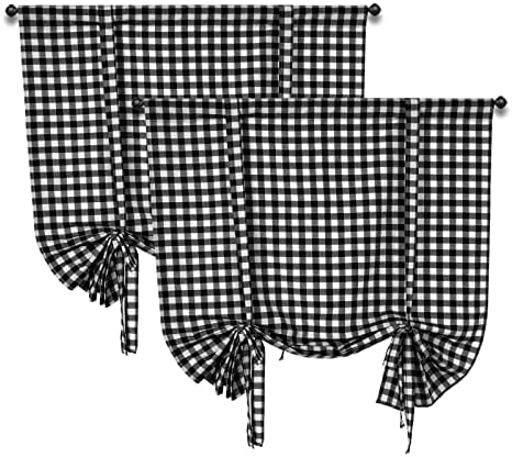 HTONTB 2 Pack Buffalo Checked Curtains,42x63In Farmhouse Style Gingham Rod Pocket Tie Up Window Curtains,Adjustable Shades Valances for Bedroom Living & Dining Room
