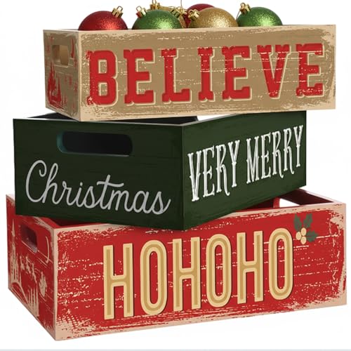 Fiwochic 3 Pcs Vintage Christmas Wooden Box Rustic Xmas Storage