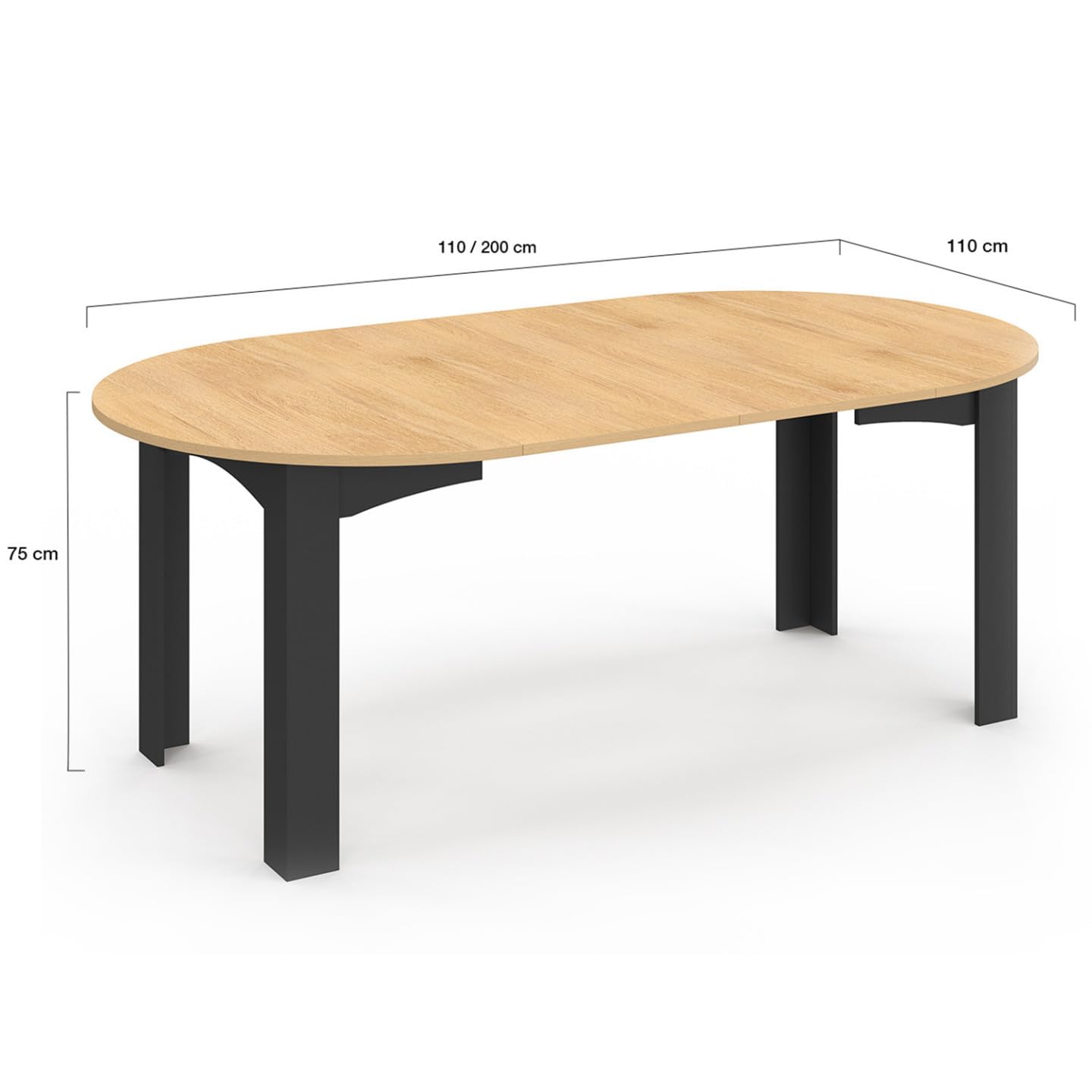 IDMarket - DONA Tavolo da pranzo rotondo allungabile per 4-10 persone, nero, piano effetto faggio 110-200 cm