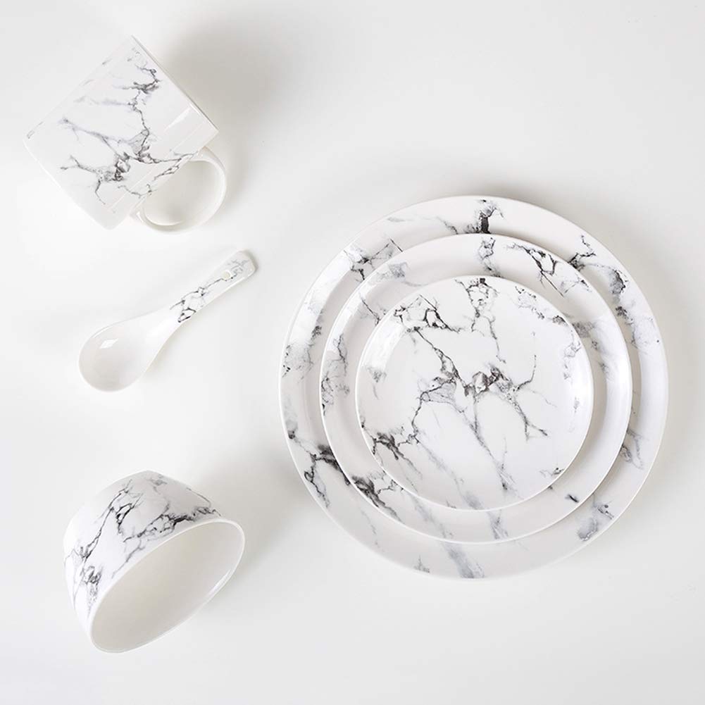 Zestaw obiadowy 7-częściowy klasyczny marmurowy porcelanowy serwis obiadowy okrągłe talerze obiadowe talerze sałatkowe talerze stek miski kubki