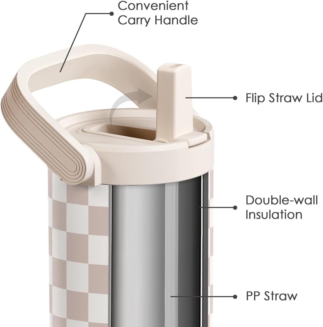 SANDJEST Checker Stainless Steel Straw Lid Tumbler 30oz with Carry Handle for Women Girls, Insulated Travel Coffee Cup, Gift for Sports Outdoor Workout Christmas Birthday - Image 2