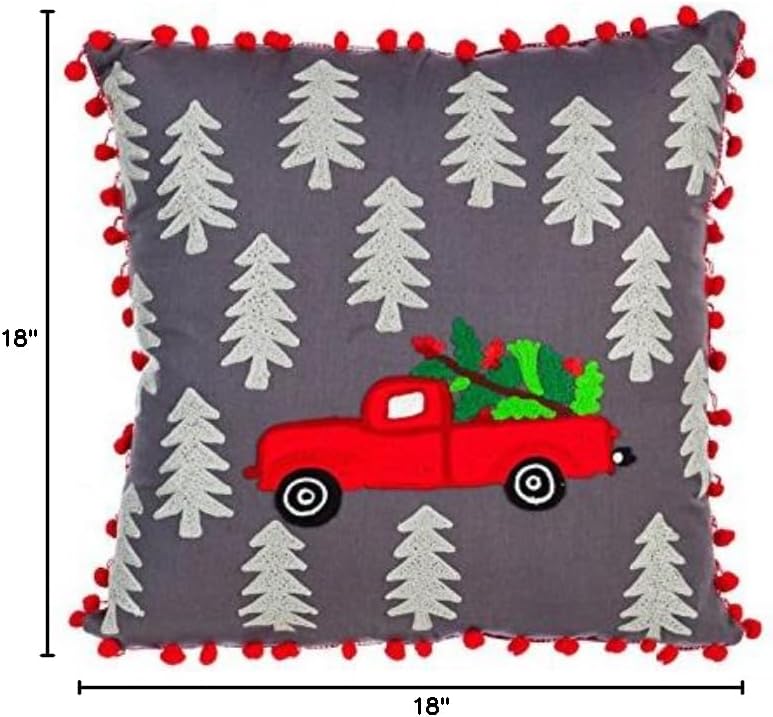 Cypress Home Beautiful Thanksgiving Fall Red Truck Comfortable Pillow with Pom Poms - 18 x 4 x 18 Inches Indoor/Outdoor Decoration for Homes, Yards and Gardens