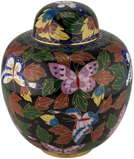 Butterfly Cloisonne Cremation Urn for Ashes, Metal, Black Enameled Urn, Adult Sized Cremation Urn, 9.5 Inches High