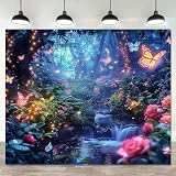 Tessuto di sfondo a tema principessa con farfalle giganti e fiori primaverili in fibra di poliestere Magic Garden 200x140CM