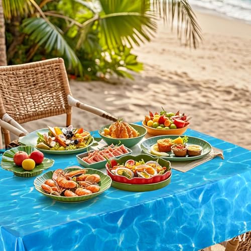 Image of 3 Pcs Ocean Waves Tablecloths, 54 x 108 Inch Ocean Theme Table Cover,Plastic Water Print Tablecloths for Beach Pool Sea Theme Party Decorations