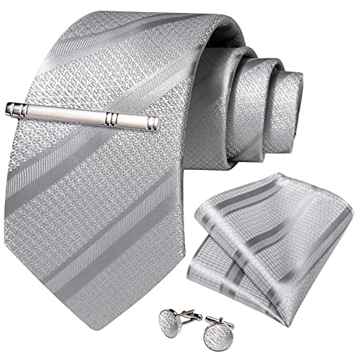 Image of DiBanGu Mens Striped Tie Silk Woven Necktie and Pocket Square Cufflinks Tie Clip Set Wedding Business Formal Gift Tie for Men
