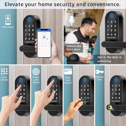 Fingerprint Door Lock, Keyless Entry Door Lock, Smart Locks with Handle for Front Door & Bedroom, Built-in WiFi, App Remote Control, Electronic Digital Keypad with Knob, Auto-Lock