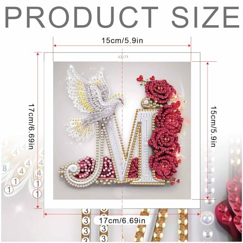 Image of AiYuanzsh 5D Diamond Art Kits for Adults Letter M, Modern Rose & Dove Floral Diamond Painting Kit for Beginners, Luxury Initial DIY Diamond Art for Home Decor 17x17cm