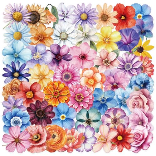 50PCS Flower Stickers PET Transparent Stickers Colorful Nature Decals Waterproof