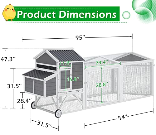 Aecojoy 95" Chicken Coop With Wheels, Hen House Wooden Chicken Hutch Poultry Cage W/Run, Nesting Boxes, Ramps, Removable Tray For Barkyard #TOP2