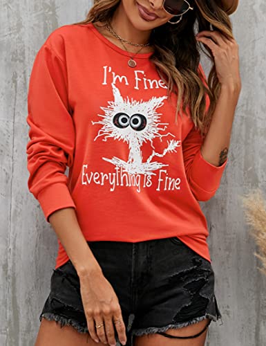 Joyjoy It's Fine I’m Fine Everything Is Fine Sweatshirts, Long Sleeve Crewneck Red Funny Cat Pullover Blouse And Tops For Women #TOP3