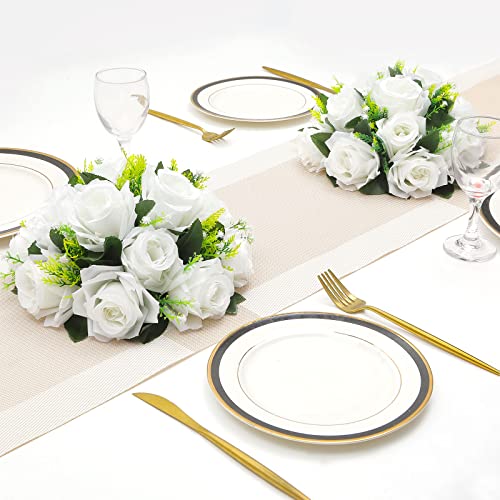 Shacos Artificial Flower Balls For Centerpieces 6 Pcs 10 Inch 15 Heads Wedding Flowers Table Centerpieces Rose Bouquet Fake Flowers Kissing Balls For Party Anniversary Birthday Decoration, White #TOP2
