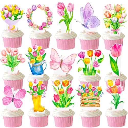 Tulips Cupcake Toppers 48Pcs Tulip Party Decorations Spring Flower Party Supplies Cupcake Picks for Spring Mother's Day Decorations