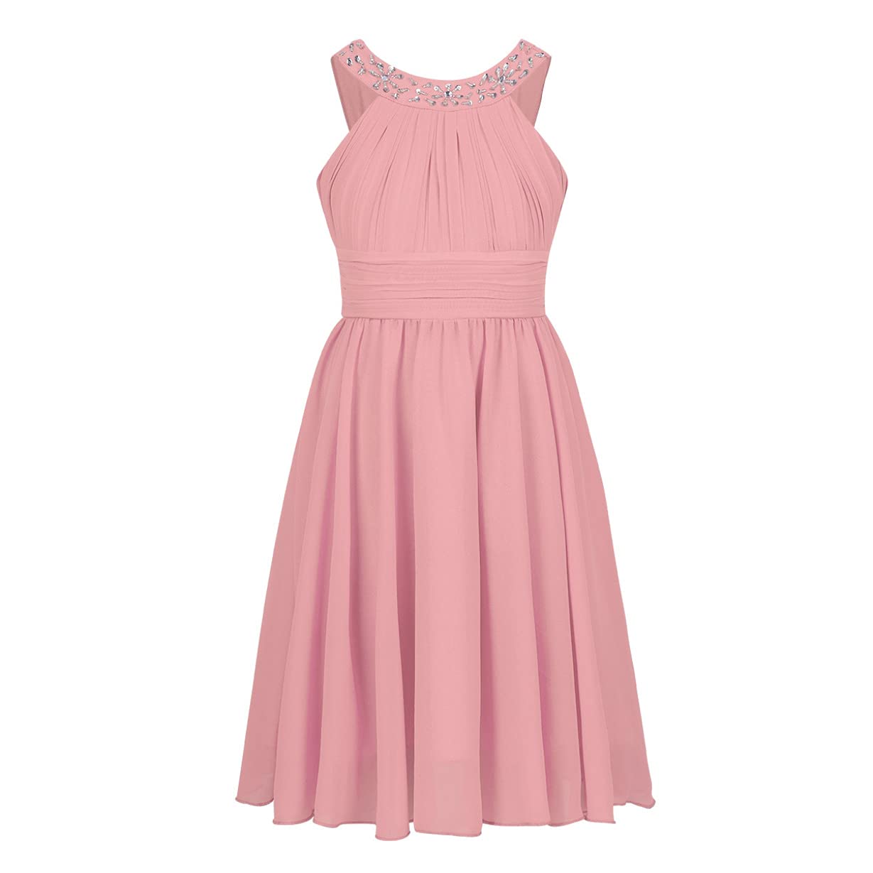 Freebily Vestido Corto de Fiesta Boda para Niña sin Manga Vestido Elegante de Gasa Plisada con Pedrería Brillante Vestido de Ceremonia Bola Rosa 10 años