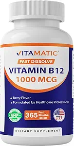Vitamatic Vitamin B12 1000 mcg Fast Dissolve – 365 Tablets – Natural Berry Flavor – Supports Energy Metabolism & Nervous System Health