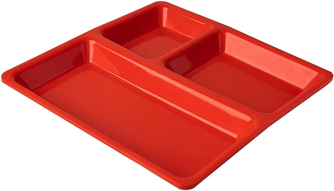 Food-Grade Plastic 3 in 1 Compartments Pav Bhaji Plate Dinner Plates Serving Plates Red Set of 24