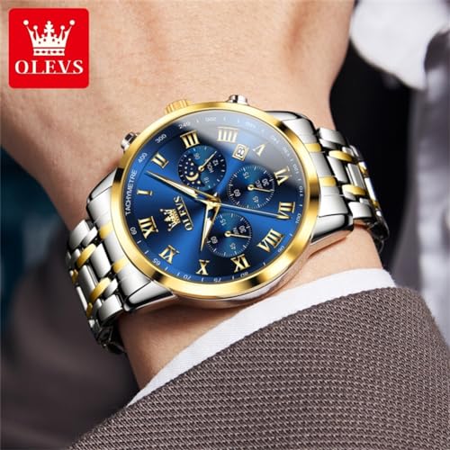 Image of OLEVS Men Multifunction Watch, Multi Dial Waterproof Luminous Chronograph Men's Watch with Date Gift for Men,Stainless Steel Watches for Men,Classic Men Wrist Watch, gold sliver band blue face-5529G